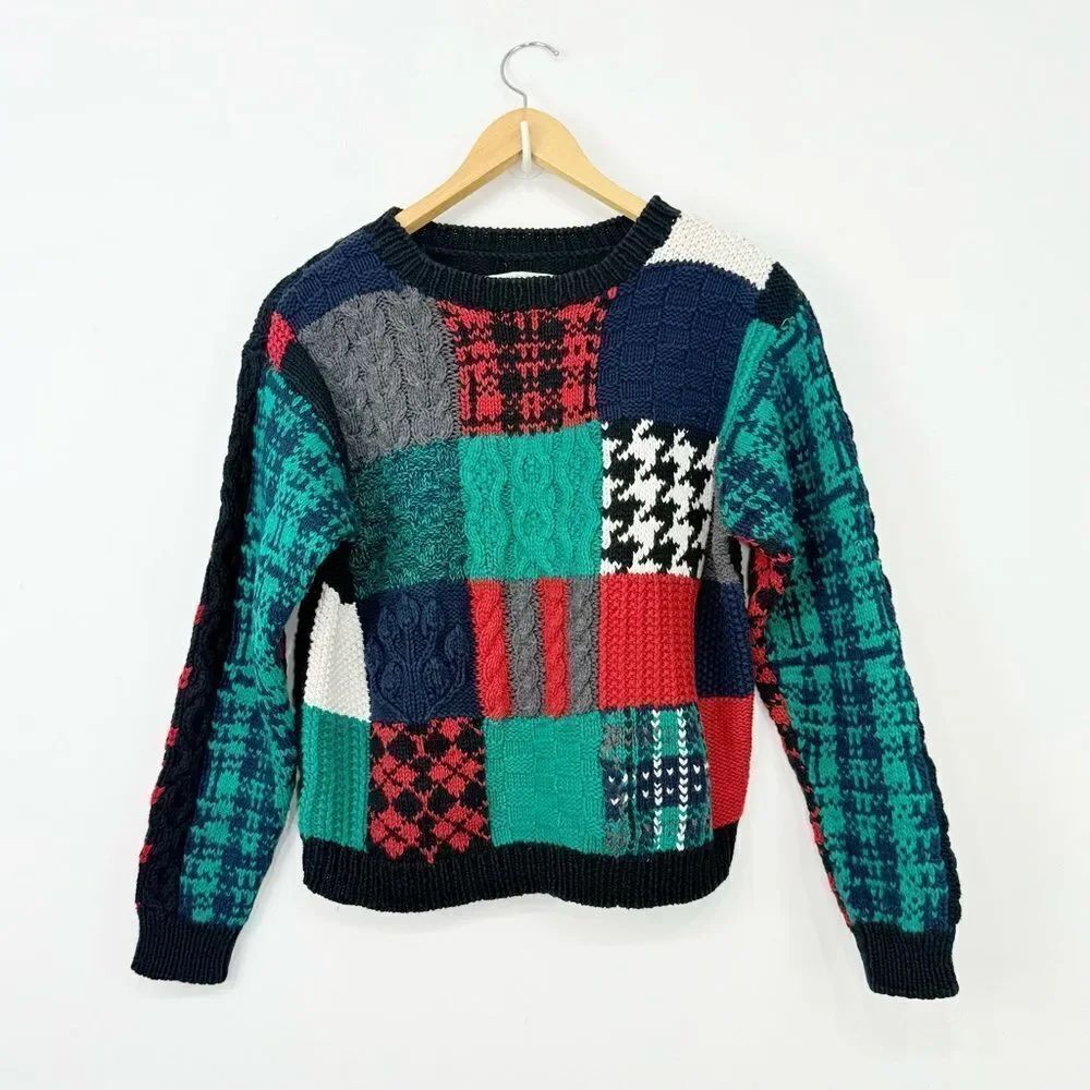First Issue Handmade Red Green Black Patchwork Cable Knit Vintage Crew Sweater